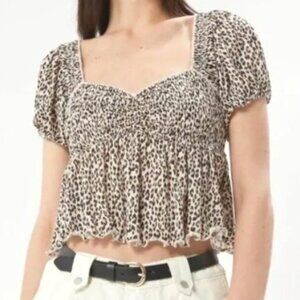 Urban Outfitters Leopard Crop Short Sleeve Top Smocked S/P